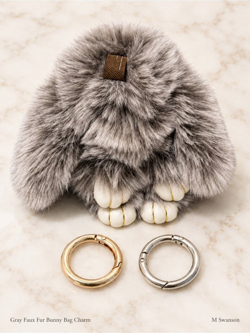NEW Gray Faux Fur Bunny Rabbit Bag Charm Keychain Gold Silver Clips NWT
